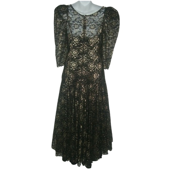 Vintage 80s Nem's Dress Gothic Black & Gold Metallic Lace Wedding Goth ALT egirl - Picture 5 of 12